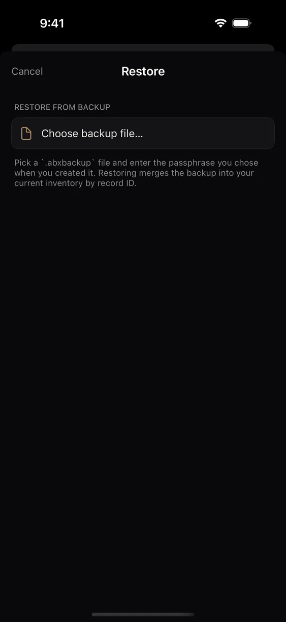 The restore flow asking for a backup file and passphrase.