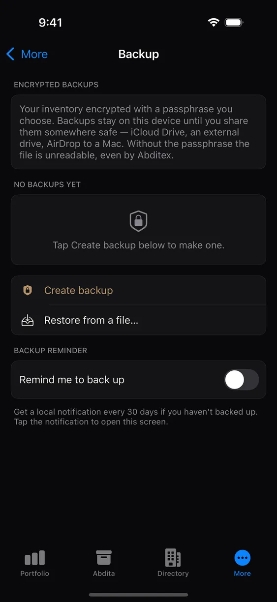 The backup screen with create and restore buttons.