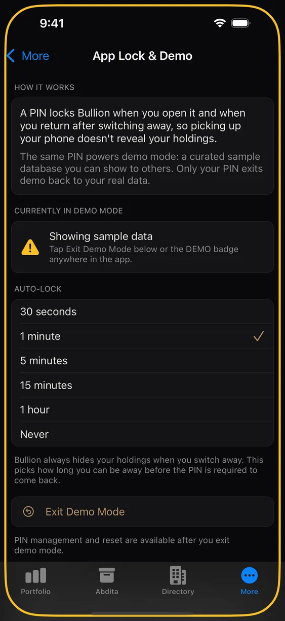 The app in demo mode with a coloured border and DEMO label.