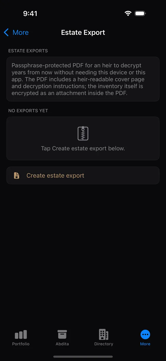 The Estate Export screen explaining the encrypted PDF.