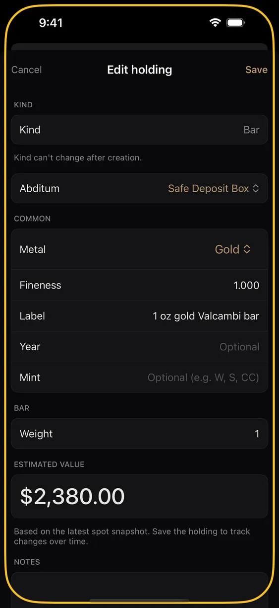 A holding detail screen showing fields, tags, and a photo.