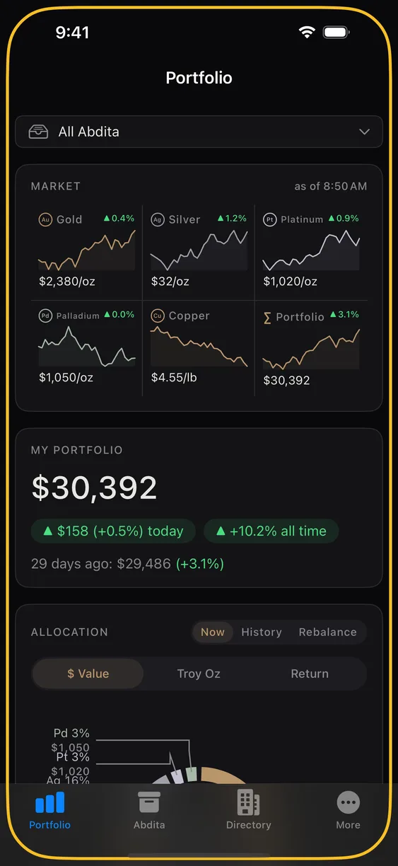 The Portfolio tab, showing total value above holdings grouped by metal.