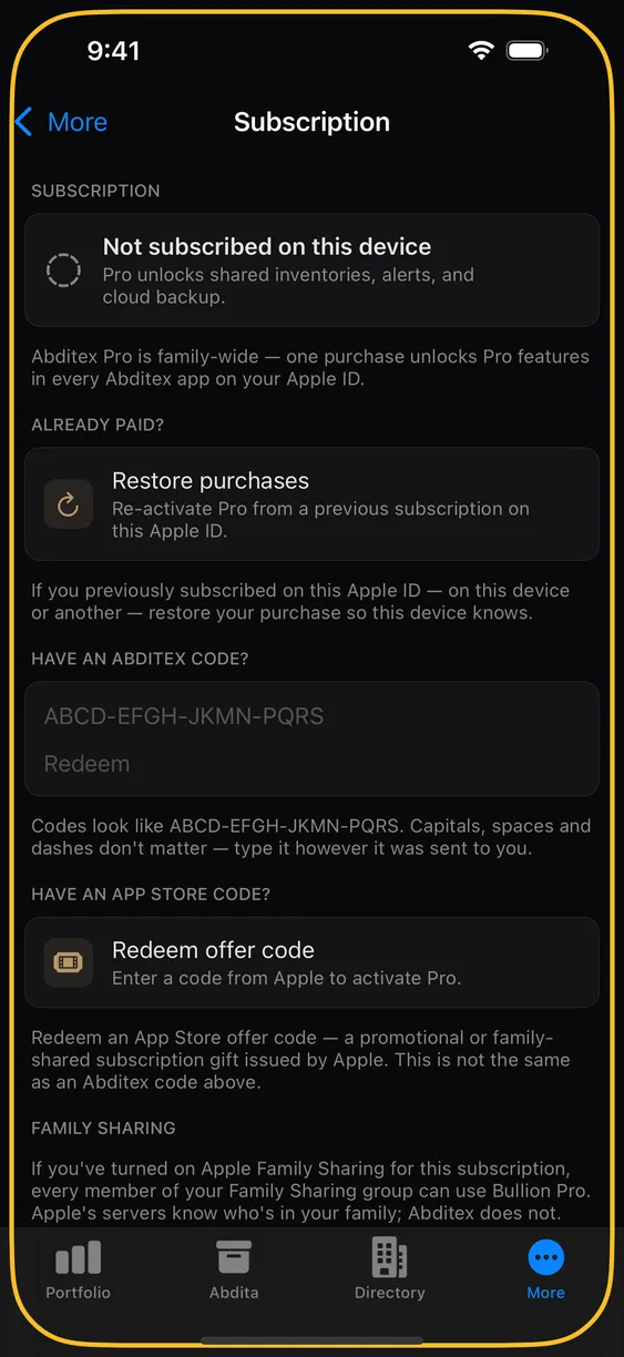 The subscription screen in More, showing status and restore.