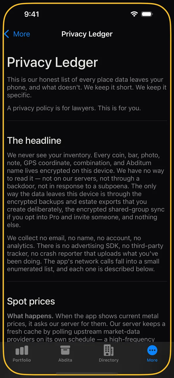 The in-app privacy ledger: every piece of data that leaves the device, enumerated in plain language.